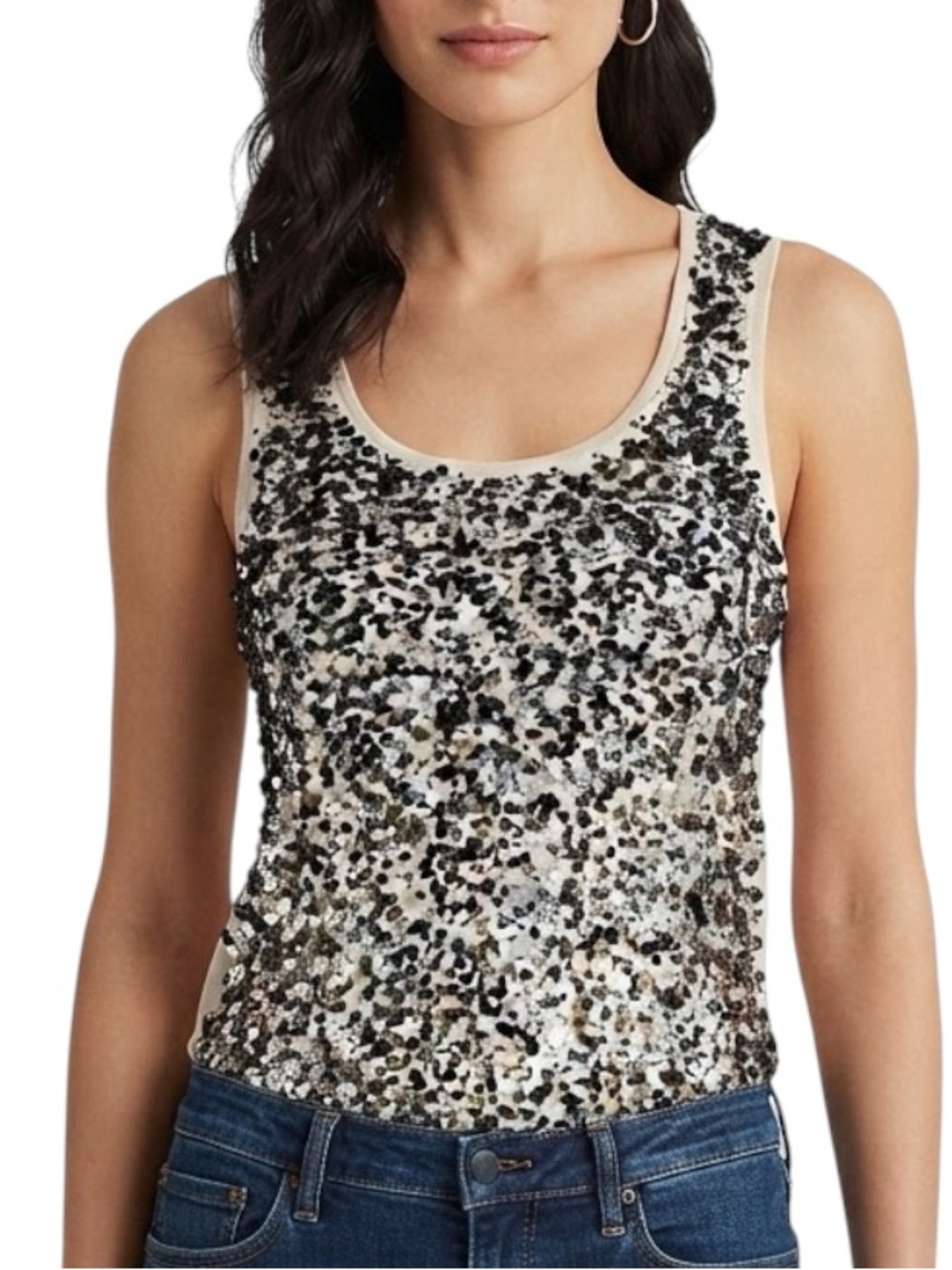 WHITE HOUSE BLACK MARKET Cream Sequin Front Scoop Knit Tank Top Womens L